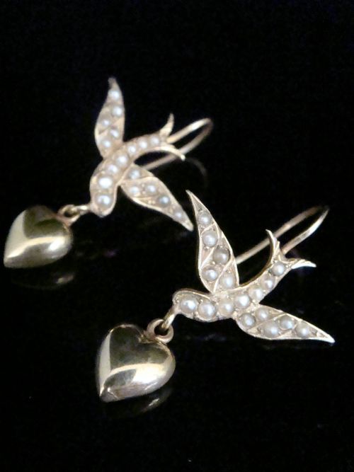 edwardian victorian 9ct yellow gold puff heart seed pearl swallow drop earrings - CATEGORY: ANTIQUE JEWELLERY - DATED EDWARDIAN