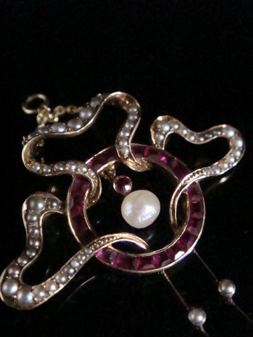 edwardian original 15ct natural calibre cut ruby natural pearl pendant - CATEGORY: ANTIQUE JEWELLERY - DATED EDWARDIAN
