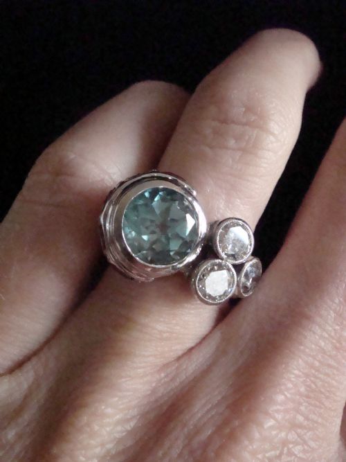 ART DECO 1920S PLATINUM NATURAL BLUE ZIRCON 3CT RUBY DIAMOND 140CT COCKTAIL RING - ADDITIONAL PHOTO 3