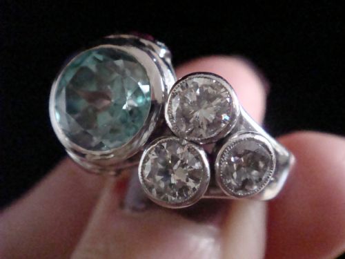 ART DECO 1920S PLATINUM NATURAL BLUE ZIRCON 3CT RUBY DIAMOND 140CT COCKTAIL RING - ADDITIONAL PHOTO 6