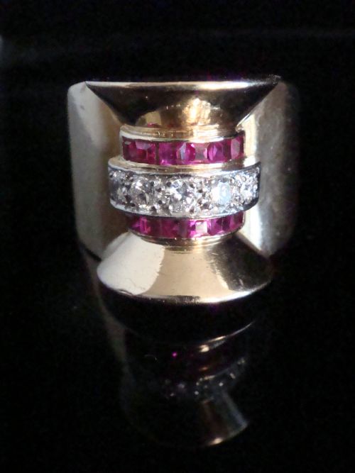 large 1920s 1940s french tank 18ct platinum ruby diamond set ring - CATEGORY: ANTIQUE JEWELLERY - DATED 1930