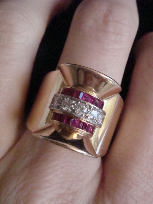 LARGE 1920S 1940S FRENCH TANK 18CT PLATINUM RUBY DIAMOND SET RING - ADDITIONAL PHOTO 2