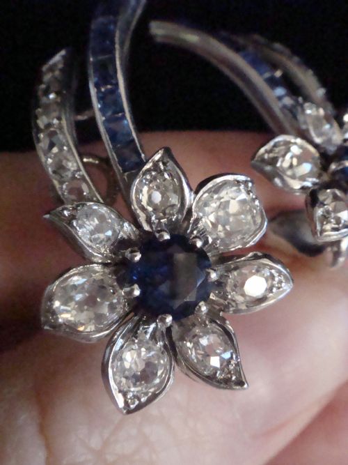 ART DECO 1920 18CT WHITE GOLD PLATINUM SAPPHIRE DIAMOND CLIP EARRINGS 230CT - ADDITIONAL PHOTO 2