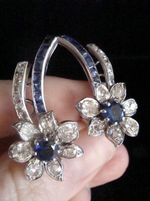 ART DECO 1920 18CT WHITE GOLD PLATINUM SAPPHIRE DIAMOND CLIP EARRINGS 230CT - ADDITIONAL PHOTO 3