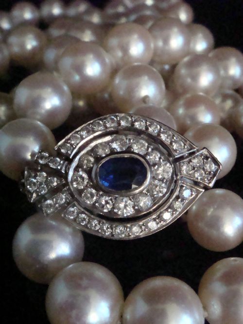 ANTIQUE ART DECO LONG 18CT SAPPHIRE DIAMOND 9MM CULTURED PEARL NECKLACE 31 OPERA - ADDITIONAL PHOTO 1