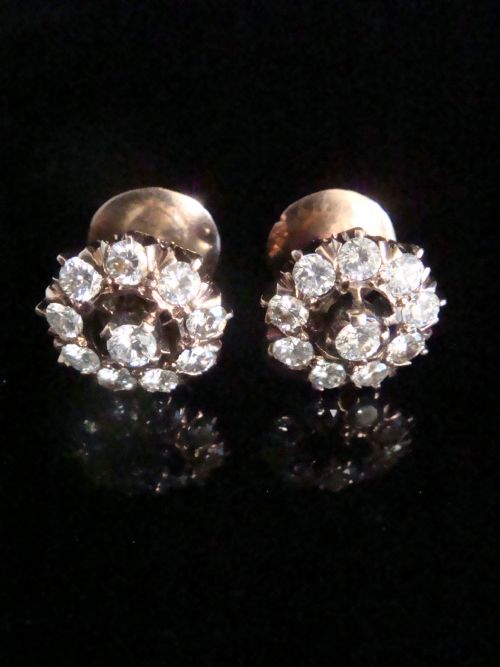 edwardian 18ct yellow gold original old cut diamond 100ct cluster earrings - CATEGORY: ANTIQUE JEWELLERY - DATED EDWARDIAN