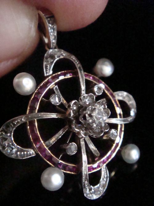 VICTORIAN 18CT 18K FRENCH NATURAL PEARL RUBY ROSE CUT DIAMOND PENDANT - ADDITIONAL PHOTO 1