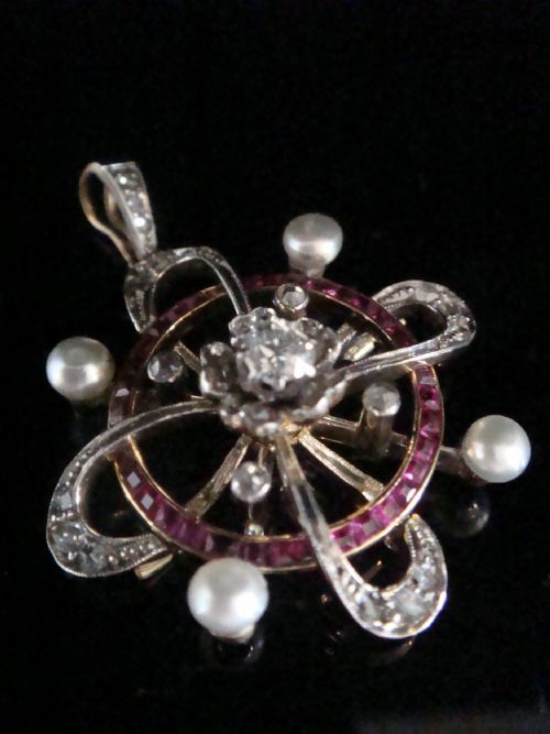 VICTORIAN 18CT 18K FRENCH NATURAL PEARL RUBY ROSE CUT DIAMOND PENDANT - ADDITIONAL PHOTO 3