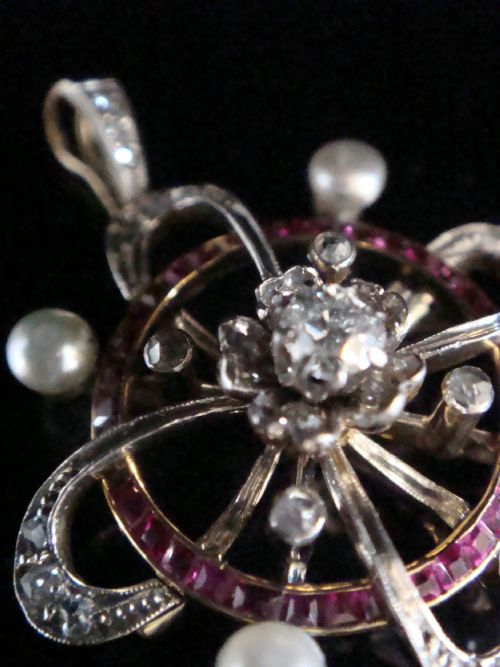 VICTORIAN 18CT 18K FRENCH NATURAL PEARL RUBY ROSE CUT DIAMOND PENDANT - ADDITIONAL PHOTO 5