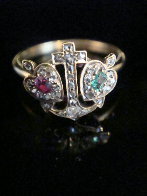 victorian 18ct natural ruby emerald sweetheart anchor old cut diamond heart ring - CATEGORY: ANTIQUE JEWELLERY - DATED GEORGIAN