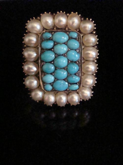 large georgian 15ct turquoise pearl memorial ring dated inscription 1817 - CATEGORY: ANTIQUE JEWELLERY - DATED GEORGIAN