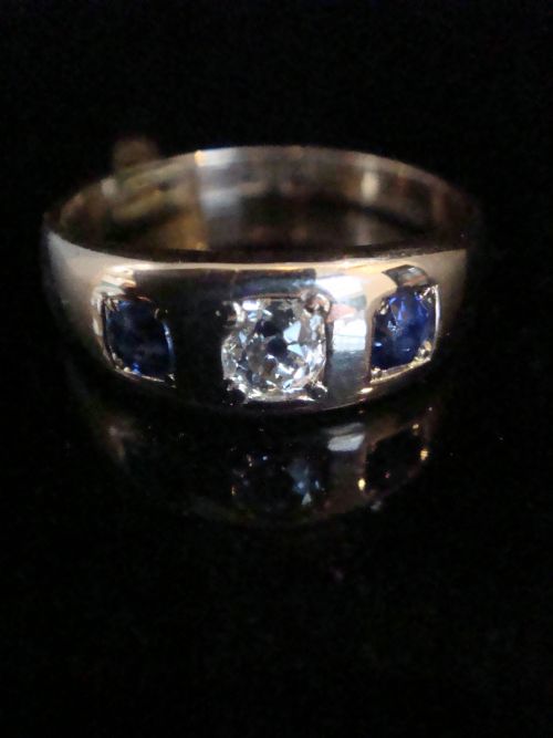 VICTORIAN EDWARDIAN 18CT YELLOW GOLD SAPPHIRE DIAMOND OLD CUT DIAMOND GYPSY BAND - ADDITIONAL PHOTO 1