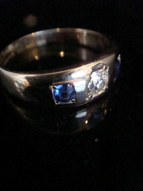 VICTORIAN EDWARDIAN 18CT YELLOW GOLD SAPPHIRE DIAMOND OLD CUT DIAMOND GYPSY BAND - ADDITIONAL PHOTO 2