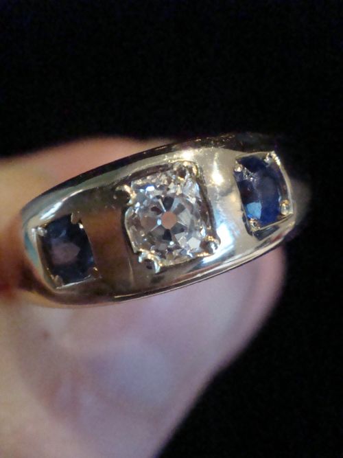 VICTORIAN EDWARDIAN 18CT YELLOW GOLD SAPPHIRE DIAMOND OLD CUT DIAMOND GYPSY BAND - ADDITIONAL PHOTO 3