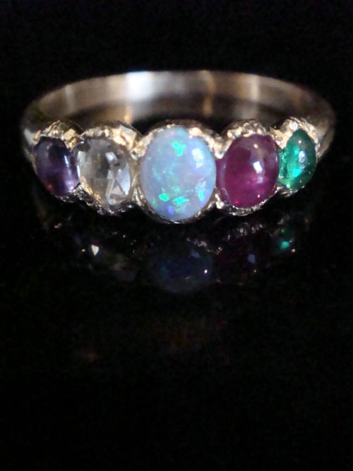 victorian 15ct adore amethyst diamond opal ruby emerald 5 stone ring - CATEGORY: ANTIQUE JEWELLERY - DATED VICTORIAN