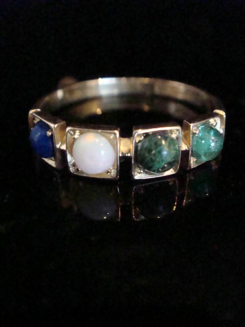 victorian 15ct love ring lapis opal vesuvianite and emerald 4 stone ring - CATEGORY: ANTIQUE JEWELLERY - DATED VICTORIAN