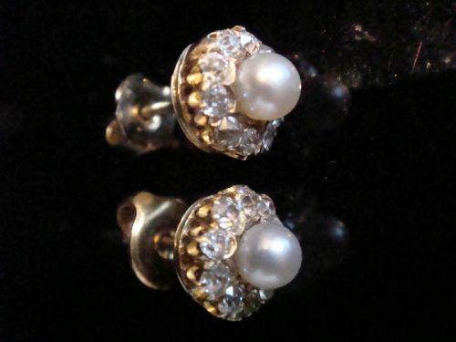 ORIGINAL EDWARDIAN 18CT YELLOW GOLD OLD CUT DIAMOND PEARL CLUSTER EARRINGS - ADDITIONAL PHOTO 1