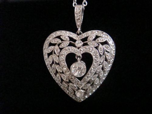 original edwardian platinum diamond heart pendant 110ct on white gold chain - CATEGORY: ANTIQUE JEWELLERY - DATED EDWARDIAN