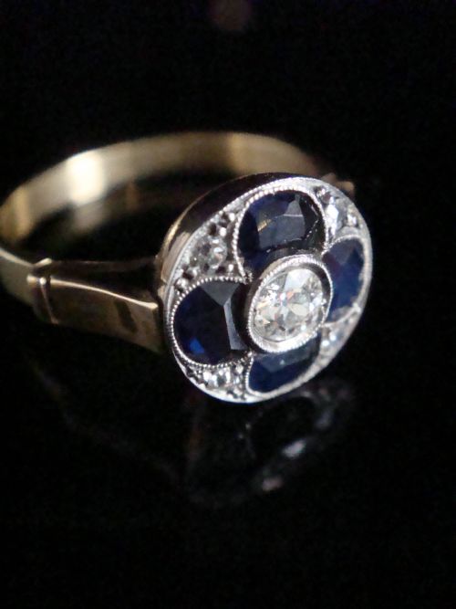 ART DECO PLATINUM 18CT SAPPHIRE AND OLD CUT DIAMOND PAVE 4 LEAF CLOVER RING - ADDITIONAL PHOTO 2