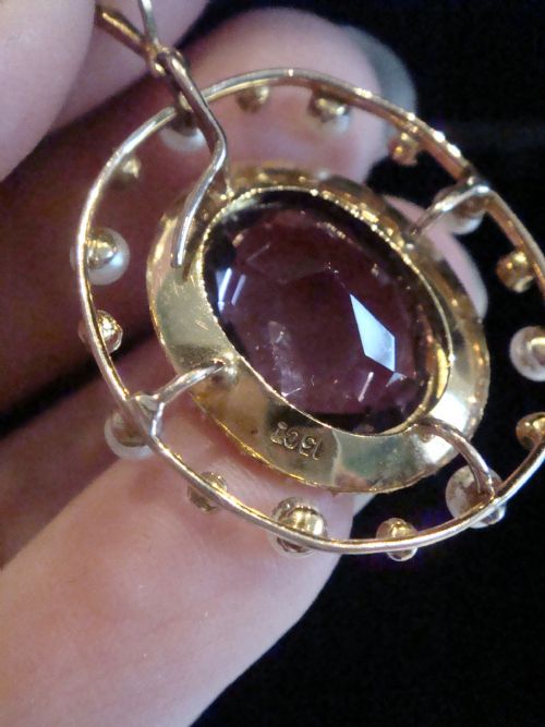 ANTIQUE LARGE EDWARDIAN 15CT YELLOW GOLD AMETHYST SEED PEARL PENDANT - ADDITIONAL PHOTO 2