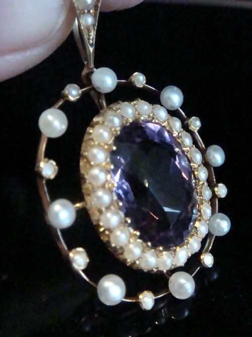 ANTIQUE LARGE EDWARDIAN 15CT YELLOW GOLD AMETHYST SEED PEARL PENDANT - ADDITIONAL PHOTO 3