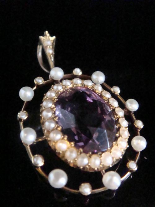 antique large edwardian 15ct yellow gold amethyst seed pearl pendant - CATEGORY: ANTIQUE JEWELLERY - DATED EDWARDIAN