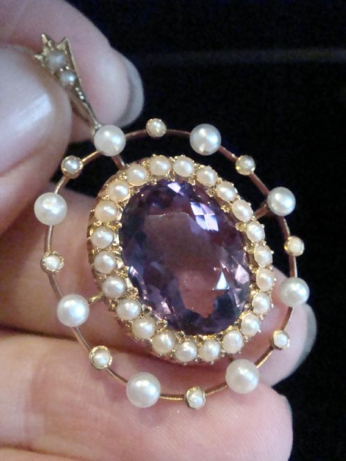 ANTIQUE LARGE EDWARDIAN 15CT YELLOW GOLD AMETHYST SEED PEARL PENDANT - ADDITIONAL PHOTO 1