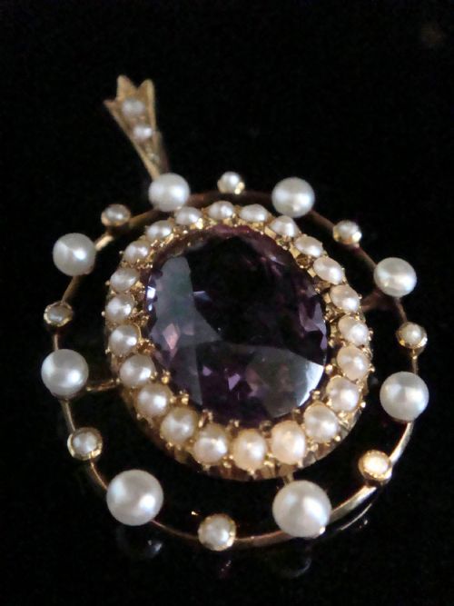 ANTIQUE LARGE EDWARDIAN 15CT YELLOW GOLD AMETHYST SEED PEARL PENDANT - ADDITIONAL PHOTO 4