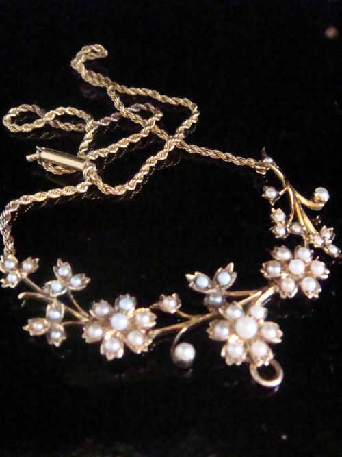 victorian 15ct yellow gold seed pearl lavaliere necklace allowing drop pendant - CATEGORY: ANTIQUE JEWELLERY - DATED EDWARDIAN