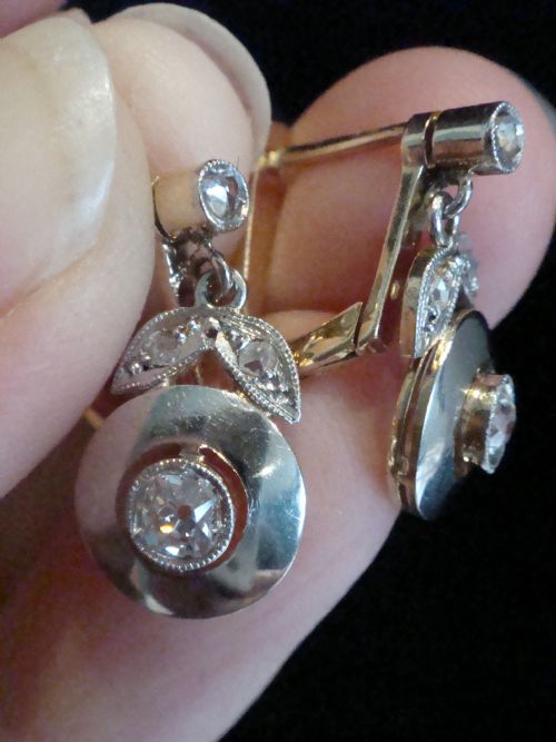 FRENCH EDWARDIAN 18CT YELLOW GOLD PLATINUM ROSE CUT OLD CUT DIAMOND EARRINGS - ADDITIONAL PHOTO 1