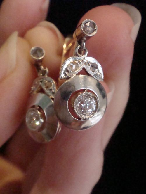 FRENCH EDWARDIAN 18CT YELLOW GOLD PLATINUM ROSE CUT OLD CUT DIAMOND EARRINGS - ADDITIONAL PHOTO 2