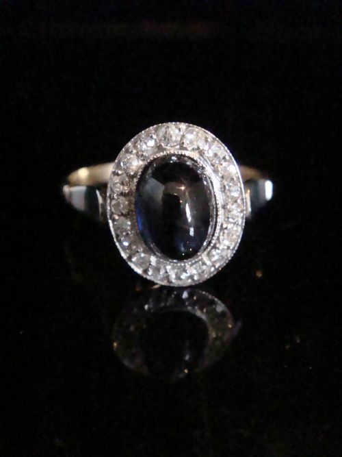 EDWARDIAN PLATINUM 18CT YELLOW GOLD CABOCHON SAPPHIRE ROSE CUT DIAMOND CLUSTER RING - ADDITIONAL PHOTO 1