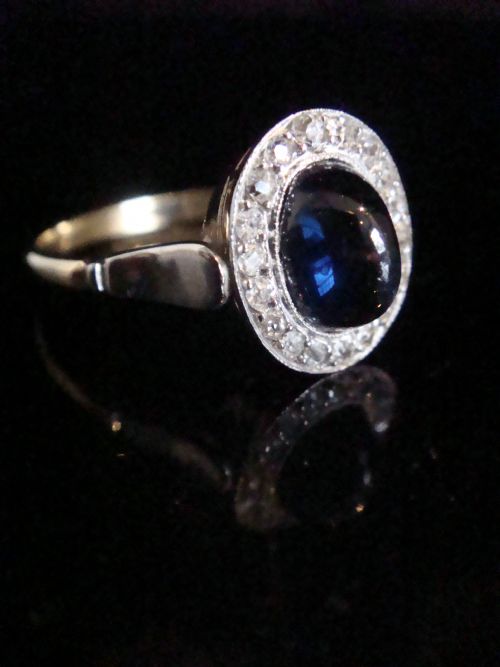 EDWARDIAN PLATINUM 18CT YELLOW GOLD CABOCHON SAPPHIRE ROSE CUT DIAMOND CLUSTER RING - ADDITIONAL PHOTO 2