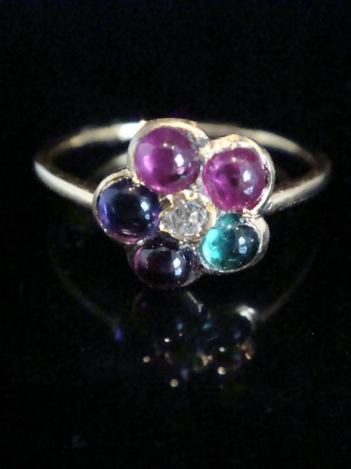 VICTORIAN 15CT REGARD CLUSTER DIAMOND EMERALD AMETHYST RUBY GARNET CLUSTER