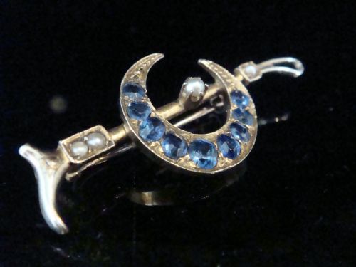 ORIGINAL EDWARDIAN 9CT YELLOW GOLD SAPPHIRE PEARL CRESCENT BROOCH - ADDITIONAL PHOTO 1