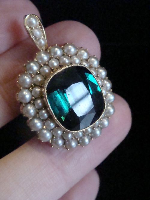 VICTORIAN 15CT NATURAL CUSHION CUT GREEN TOURMALINE 6CT SEED PEARL PENDANT 63G - ADDITIONAL PHOTO 3