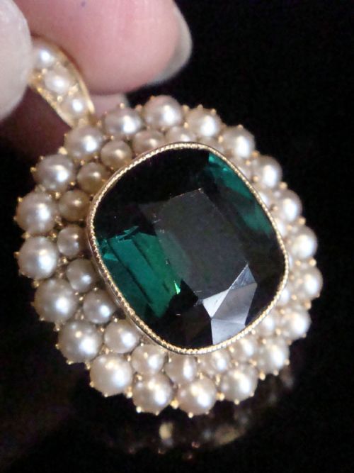 VICTORIAN 15CT NATURAL CUSHION CUT GREEN TOURMALINE 6CT SEED PEARL PENDANT 63G - ADDITIONAL PHOTO 1