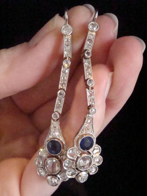EDWARDIAN FRENCH LARGE 18CT PLATINUM SAPPHIRE ROSE CUT OLD CUT DIAMOND EARRINGS - ADDITIONAL PHOTO 3