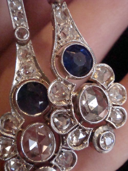 EDWARDIAN FRENCH LARGE 18CT PLATINUM SAPPHIRE ROSE CUT OLD CUT DIAMOND EARRINGS - ADDITIONAL PHOTO 6
