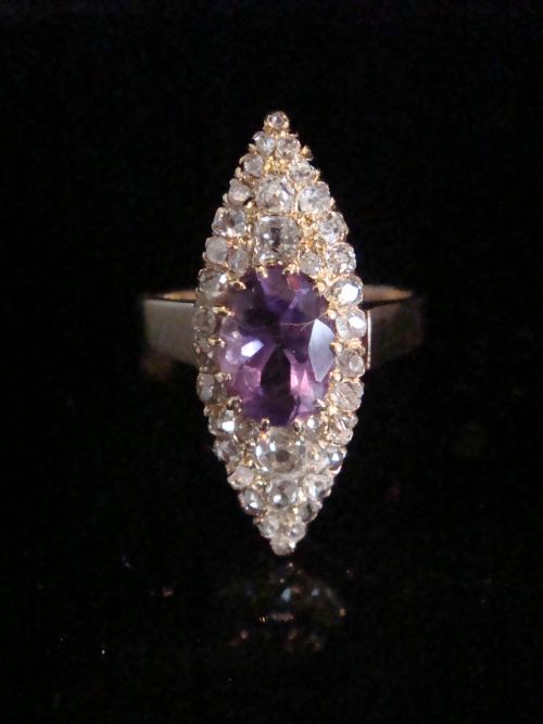 edwardian 18ct rose yellow gold amethyst old cut diamond marquis ring french - CATEGORY: ANTIQUE JEWELLERY - DATED EDWARDIAN