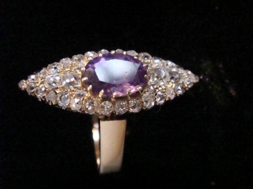 EDWARDIAN 18CT ROSE YELLOW GOLD AMETHYST OLD CUT DIAMOND MARQUIS RING FRENCH - ADDITIONAL PHOTO 1