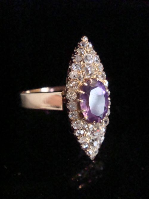 EDWARDIAN 18CT ROSE YELLOW GOLD AMETHYST OLD CUT DIAMOND MARQUIS RING FRENCH - ADDITIONAL PHOTO 2