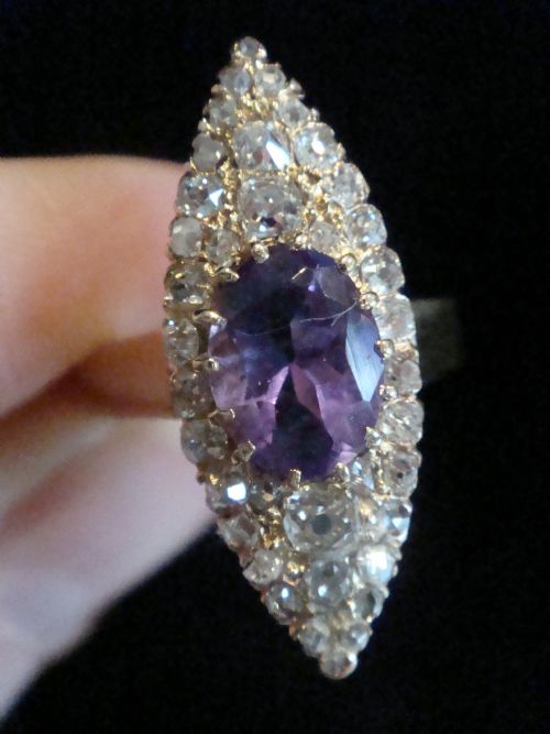 EDWARDIAN 18CT ROSE YELLOW GOLD AMETHYST OLD CUT DIAMOND MARQUIS RING FRENCH - ADDITIONAL PHOTO 3