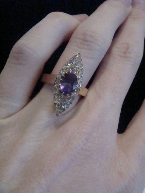 EDWARDIAN 18CT ROSE YELLOW GOLD AMETHYST OLD CUT DIAMOND MARQUIS RING FRENCH - ADDITIONAL PHOTO 4