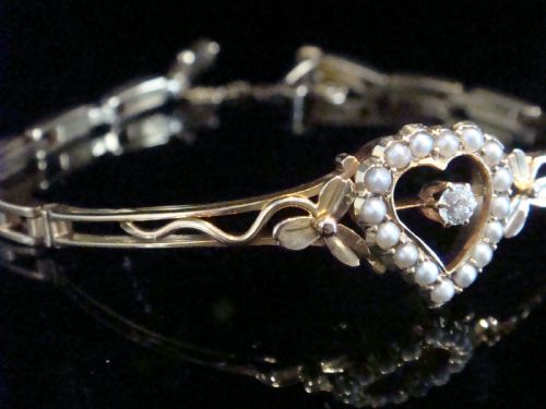 EDWARDIAN 9CT YELLOW GOLD HEART PEARL AND DIAMOND BRACELET 107G - ADDITIONAL PHOTO 2