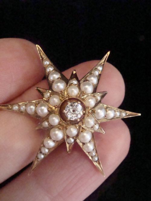 VICTORIAN 9CT YELLOW GOLD SEED PEARL DIAMOND CELESTIAL STAR STARBURST PENDANT - ADDITIONAL PHOTO 1