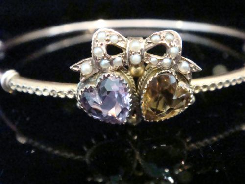 VICTORIAN EDWARDIAN 9CT DOUBLE HEART AMETHYST CITRINE SEED PEARL BANGLE 48G - ADDITIONAL PHOTO 1