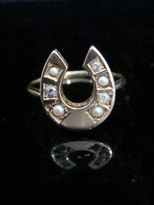 edwardian 18k 18ct yellow gold pearl diamond horseshoe ring - CATEGORY: ANTIQUE JEWELLERY - DATED EDWARDIAN