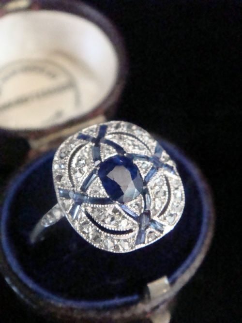 tessier of london art deco platinum natural sapphire old cut diamond ring - CATEGORY: ANTIQUE JEWELLERY - DATED 1920