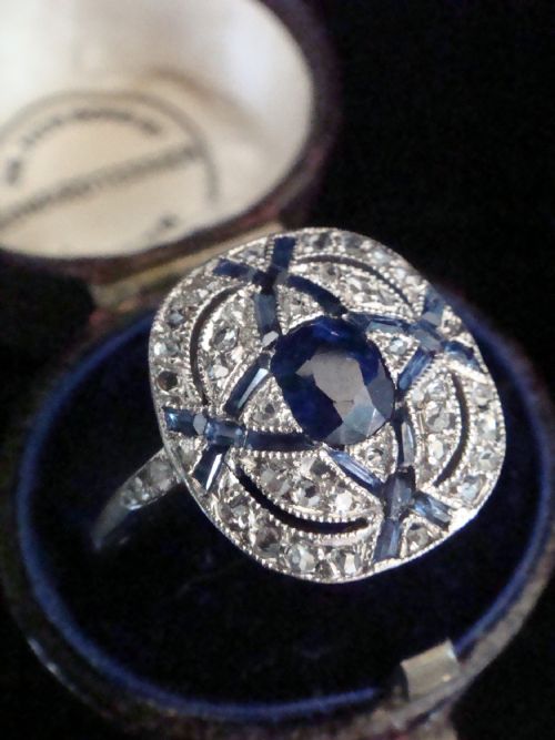TESSIER OF LONDON ART DECO PLATINUM NATURAL SAPPHIRE OLD CUT DIAMOND RING - ADDITIONAL PHOTO 2